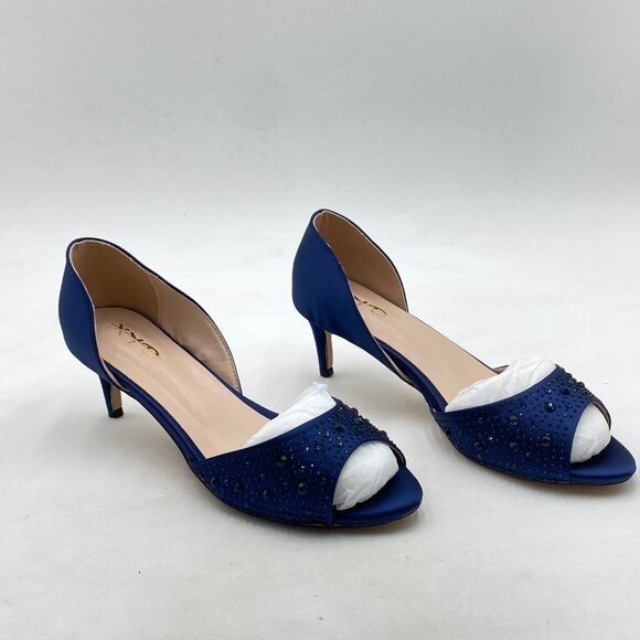 XYD Navy Peep Toe Rhinestones Crystals D'Orsay Sandals Mid Heels Slip-on Shoes - Picture 4 of 8